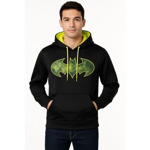 Batman Men Size S Hoodie Black Pullover Sweatshirt Neon Yellow Hood Logo